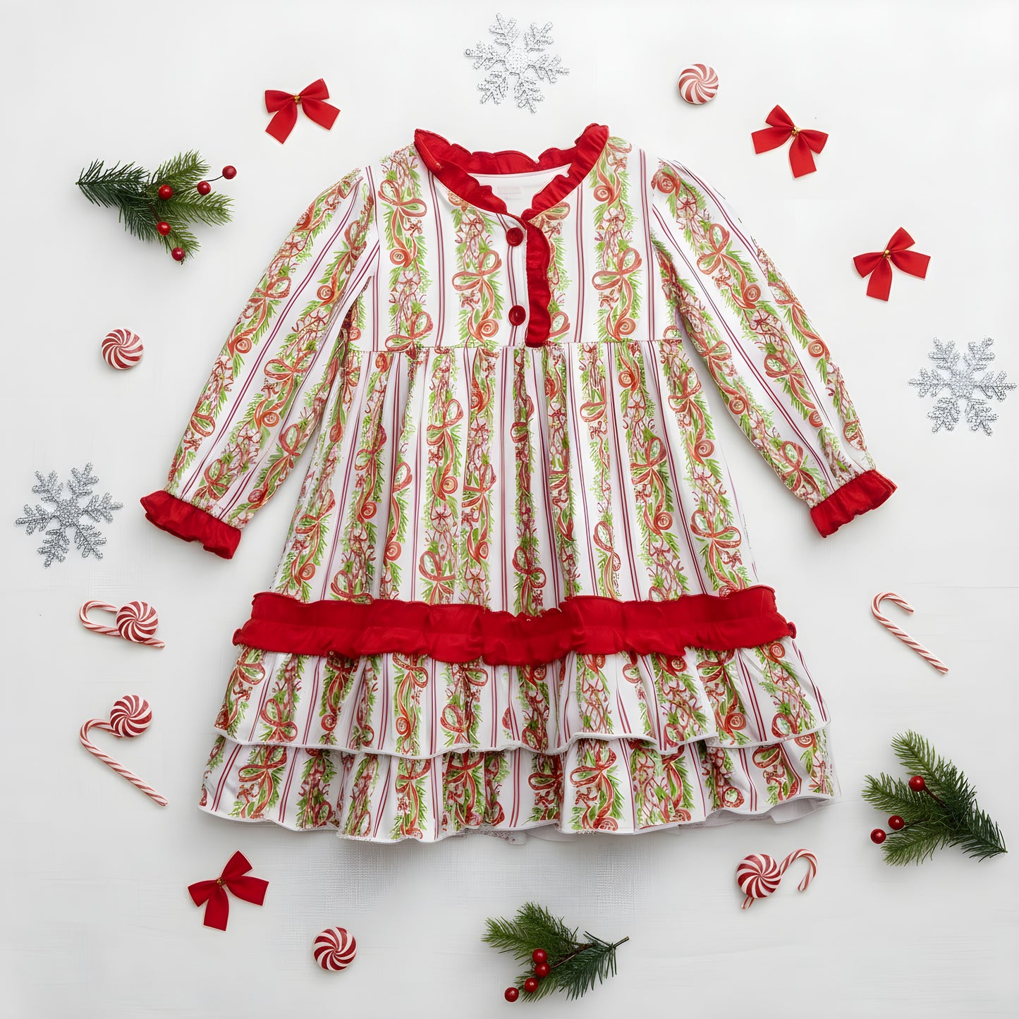 Girls Peppermint Bow Traditional Christmas Bamboo Long Sleeve Nightgown