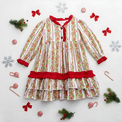 Girls Peppermint Bow Traditional Christmas Bamboo Long Sleeve Nightgown