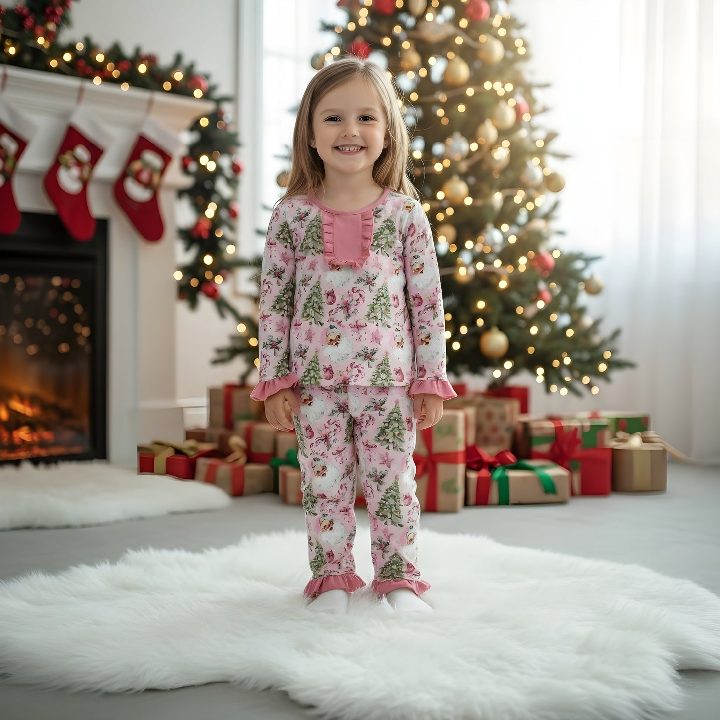 Vintage Pink Santa With Christmas Tree Holiday Gift Box Pajama Set