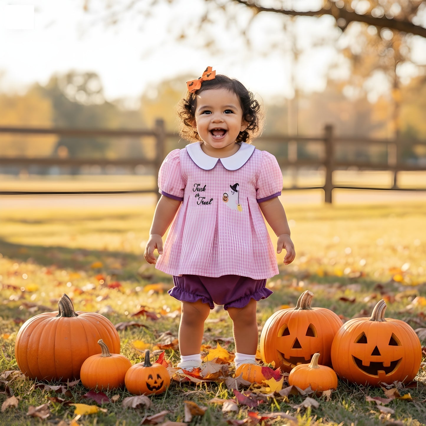 HALLOWEEN - PINK GINGHAM EMBROIDERY BABY DIAPER SET