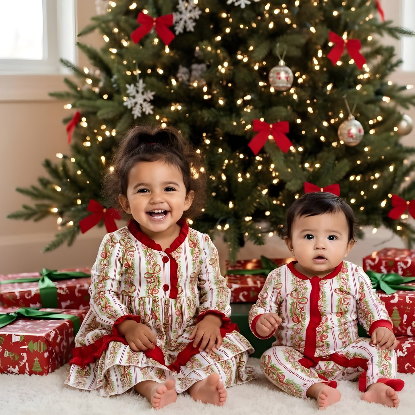 Girls Peppermint Bow Grandmillennial Traditional Christmas Bamboo Zippy