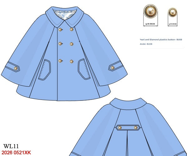 Baby Blue Coat Girls Cape with Embellished Buttons