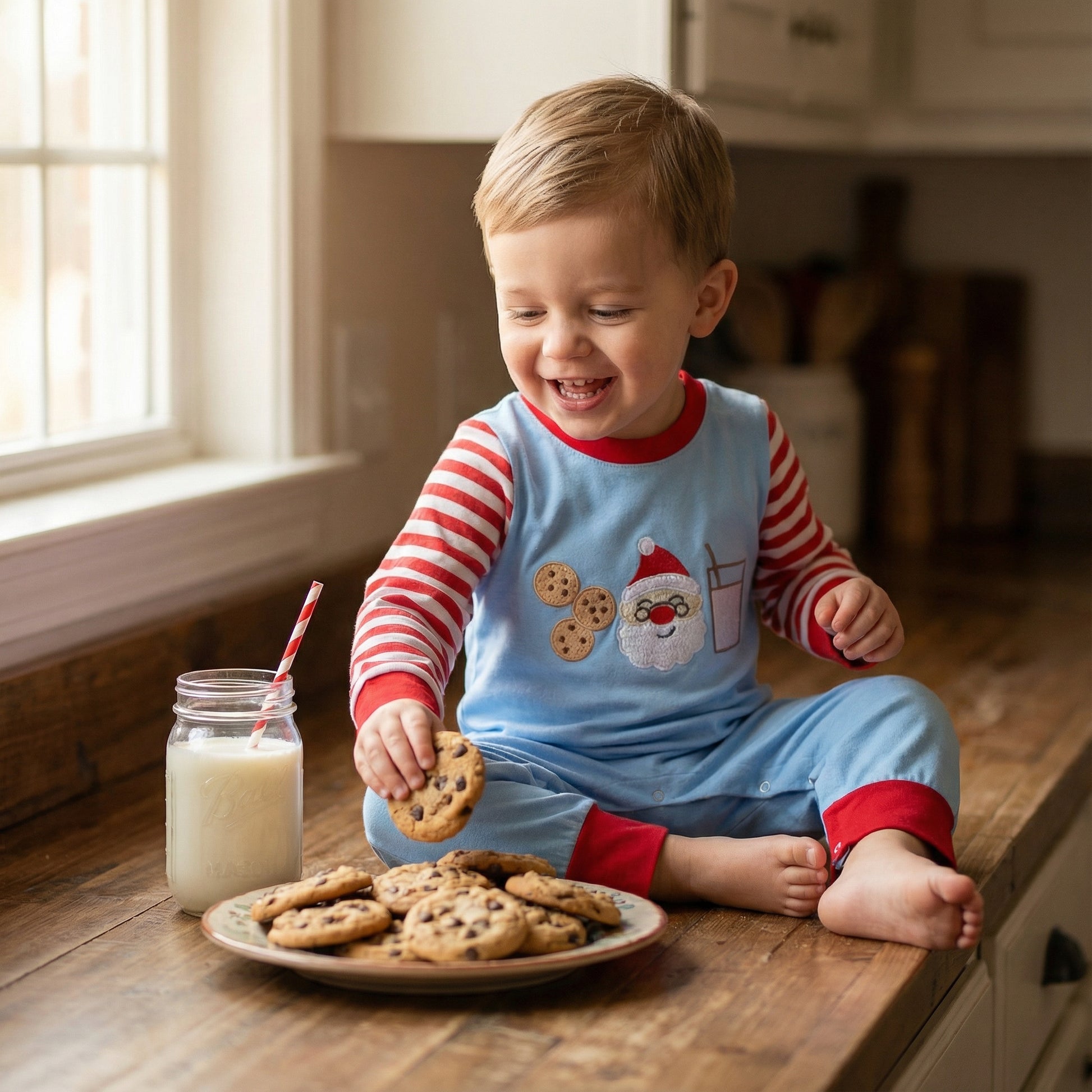 Smiling baby boy on kitchen counter eating cookies wearing blue Santa and milk Christmas romper.