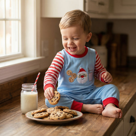 Smiling baby boy on kitchen counter eating cookies wearing blue Santa and milk Christmas romper.