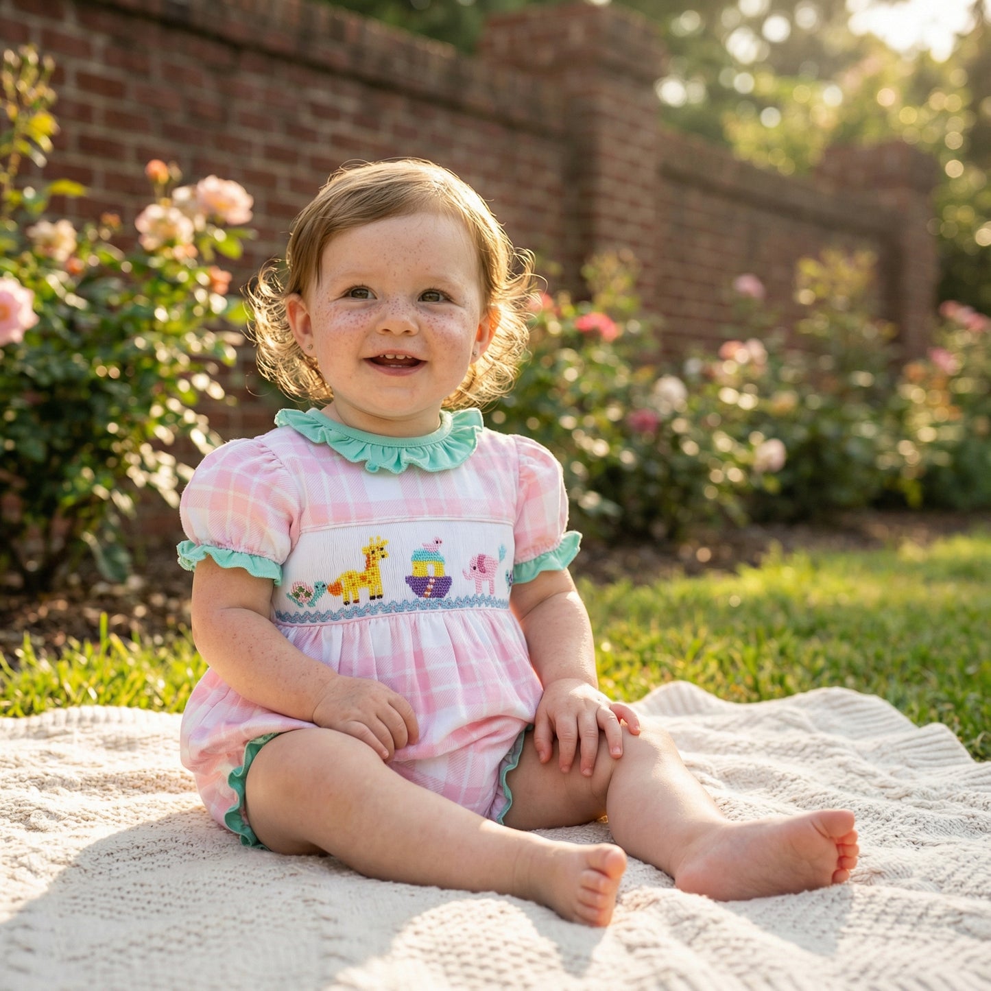 Smiling baby girl in a pink gingham hand-smocked Noah's Ark bubble romper, sitting on a blanket outdoors.
