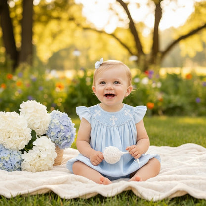 Smiling baby girl sitting outdoors wearing a sky blue hand-smocked bubble romper with white cross embroidery.
