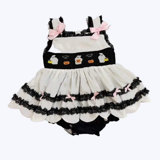 Baby girls hand-smocked Halloween ghost bubble romper with black lace ruffles and pink bows