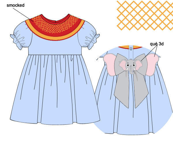 Light blue hand-smocked dress with a red circus collar and a 3D elephant applique bow on the back.