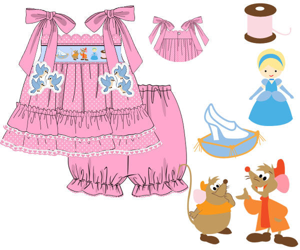 Baby pink hand-smocked girls clothing set with Cinderella embroidery and bluebird appliques.