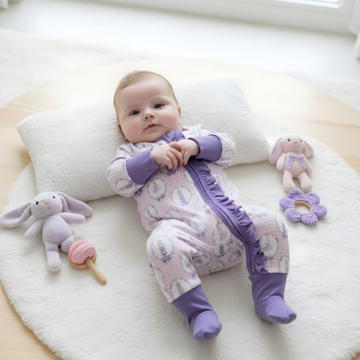 Baby girl resting comfortably in the purple Nutcracker ballet ruffle girls zippy sleeper with plush toys.