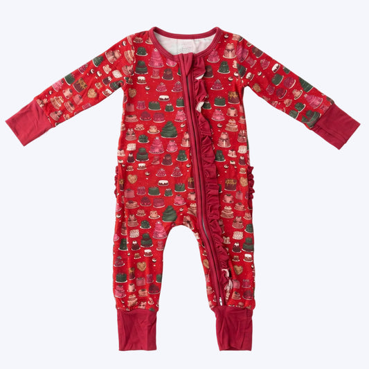 Holiday Cake Delight bamboo ruffle zippy sleeper with attached tags on a clean white background