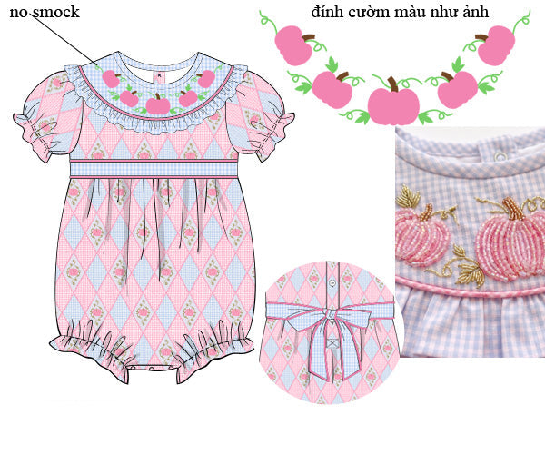 Pink and blue argyle girls bubble romper featuring hand-beaded pink Thanksgiving pumpkins on a ruffled collar.