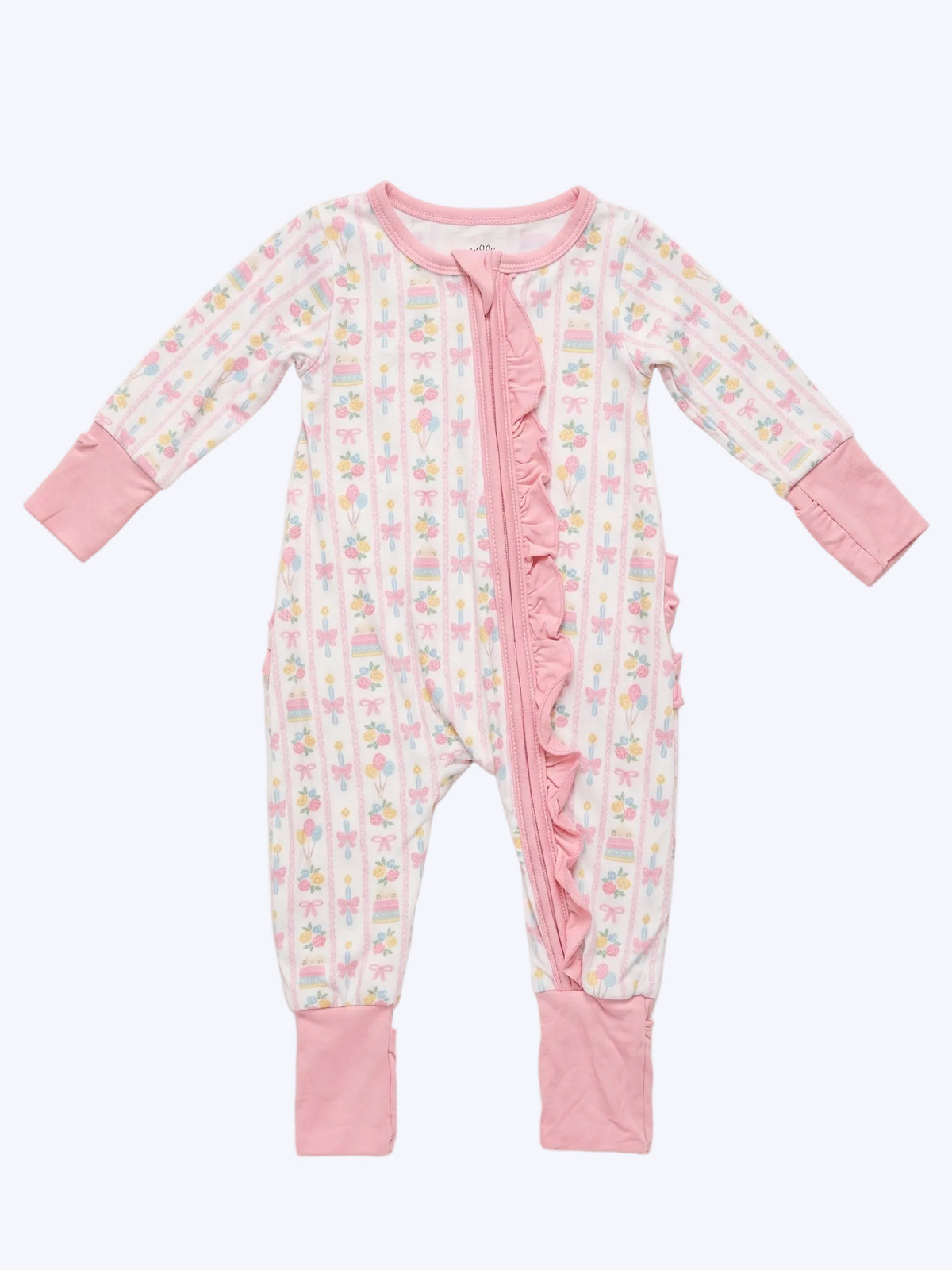 Birthday Celebration bamboo viscose ruffle zippy flat lay on a solid light studio backdrop