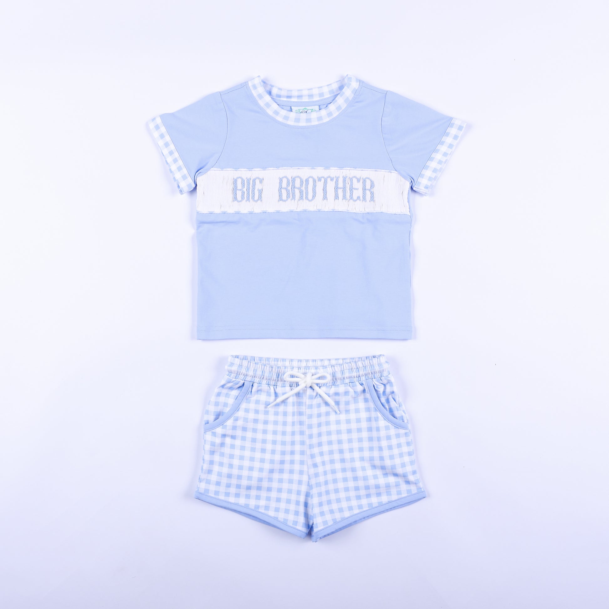 Front view of blue gingham big brother hand smocked shorts set with embroidered chest panel and matching shorts.