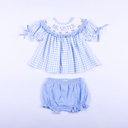 Blue gingham hand-smocked Big Sister top and matching light blue diaper cover bloomer set for babies.
