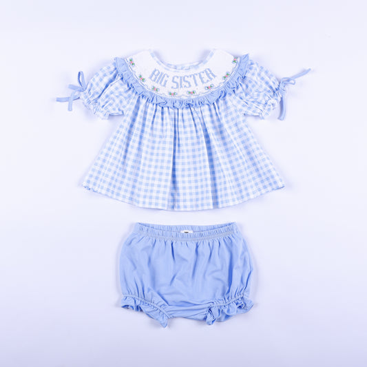 Blue gingham hand-smocked Big Sister top and matching light blue diaper cover bloomer set for babies.