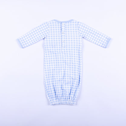 Full back view of light blue gingham baby boy sleep sack layette gown showing back button placket closure.
