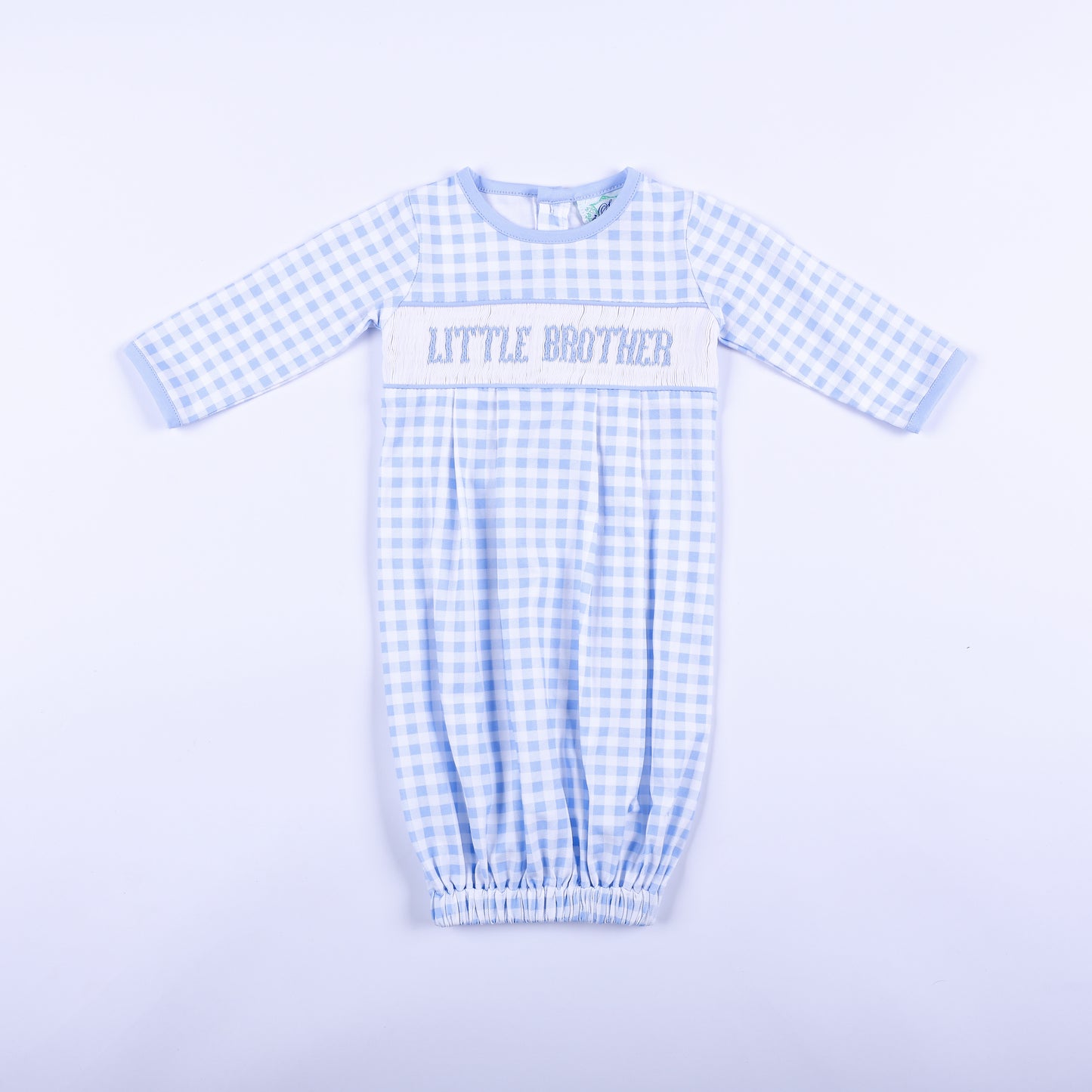 Blue gingham hand smocked sleep sack layette for newborn boy featuring Little Brother embroidery full front view.