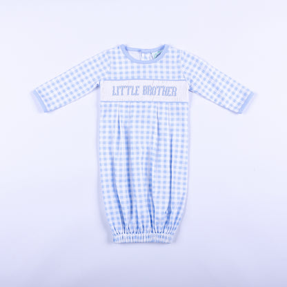 Blue gingham hand smocked sleep sack layette for newborn boy featuring Little Brother embroidery full front view.
