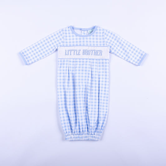 Blue gingham hand smocked sleep sack layette for newborn boy featuring Little Brother embroidery full front view.