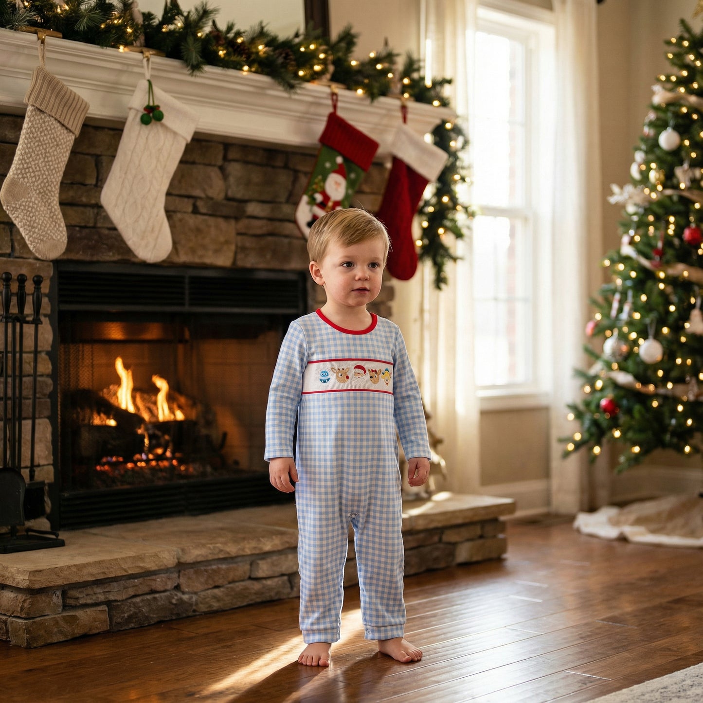 Toddler boy by fireplace wearing blue gingham smocked Christmas romper with Santa and reindeer characters.