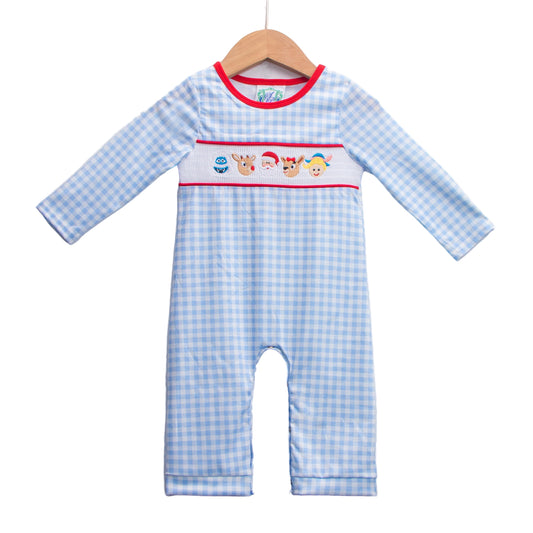 Boys blue gingham longall featuring smocked Santa, reindeer, and elf Christmas characters.