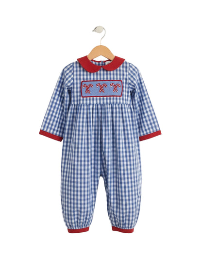 Boys blue gingham Christmas longall featuring a red collar and smocked chest with embroidered candy canes.