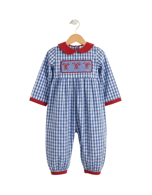 Boys blue gingham Christmas longall featuring a red collar and smocked chest with embroidered candy canes.