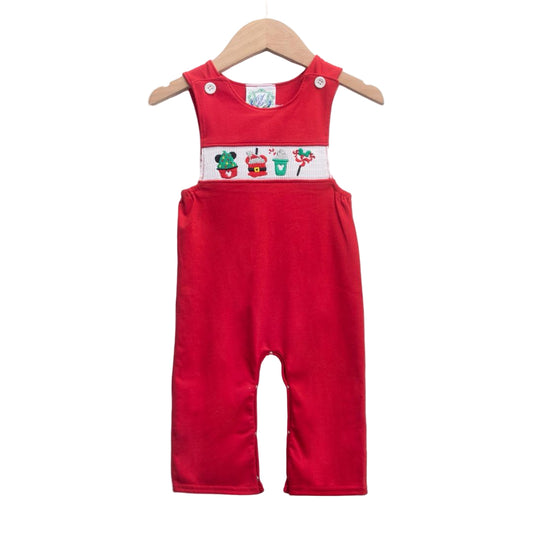 Smocked Boys Christmas Magical Character Treats Jon Jon in red with embroidered holiday snacks on the front.