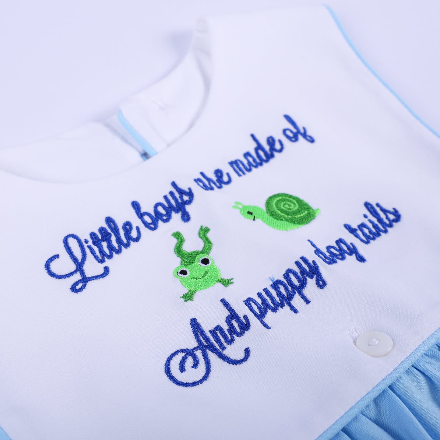 Detailed close-up of embroidered text reading Little Boys Are Made Of with cute green frog and snail.