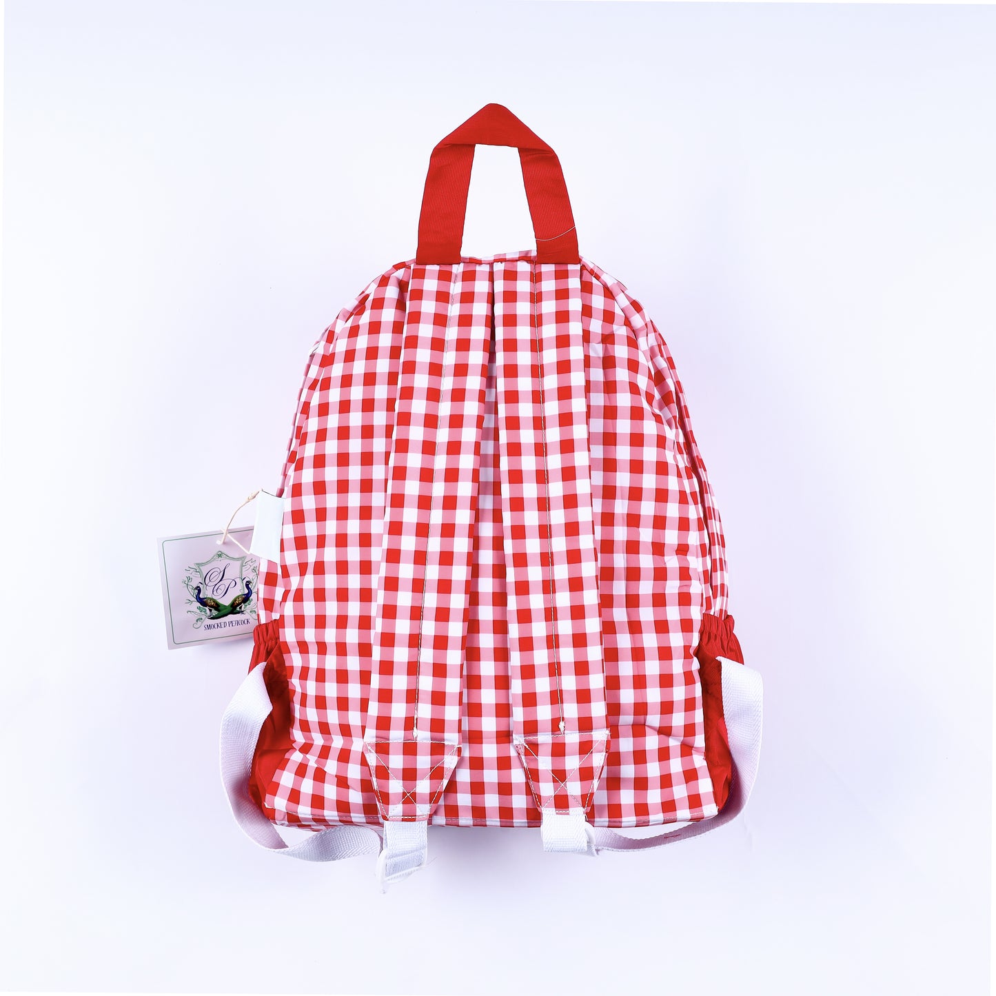 Back view showing padded red gingham shoulder straps on boys hand-smocked Mickey Mouse full-size backpack.