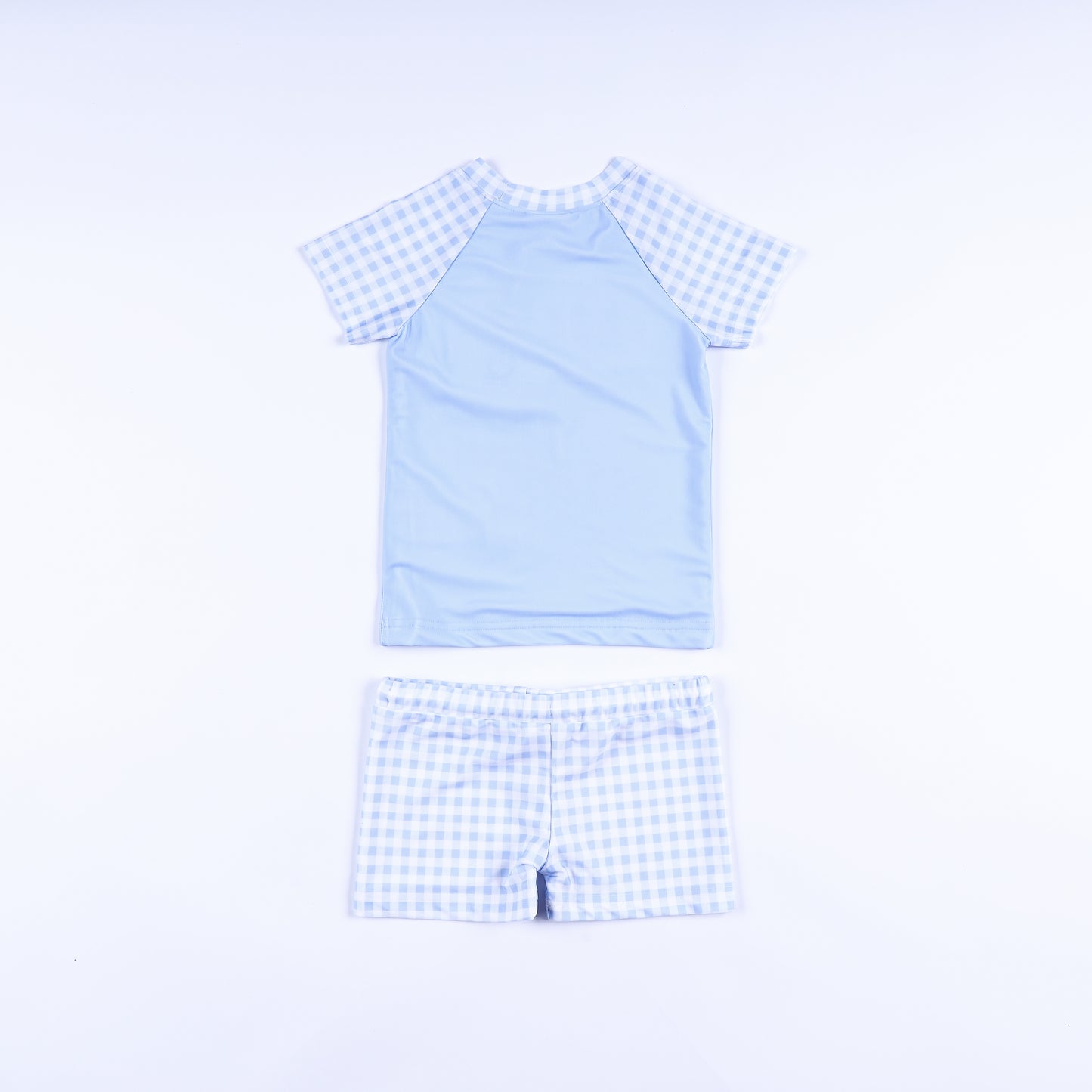 Back view of boys handsome prince hand smocked two piece rash guard swimsuit set with gingham sleeves and swim shorts.