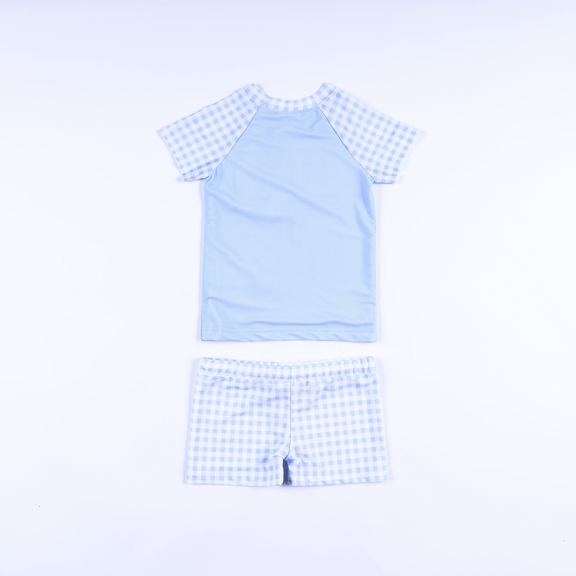 Back view of boys handsome prince hand smocked two piece rash guard swimsuit set with gingham sleeves and swim shorts.