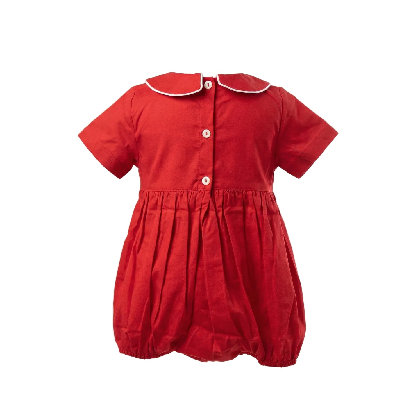 Back view of boys red Christmas bubble showing button closure and white Peter Pan collar.