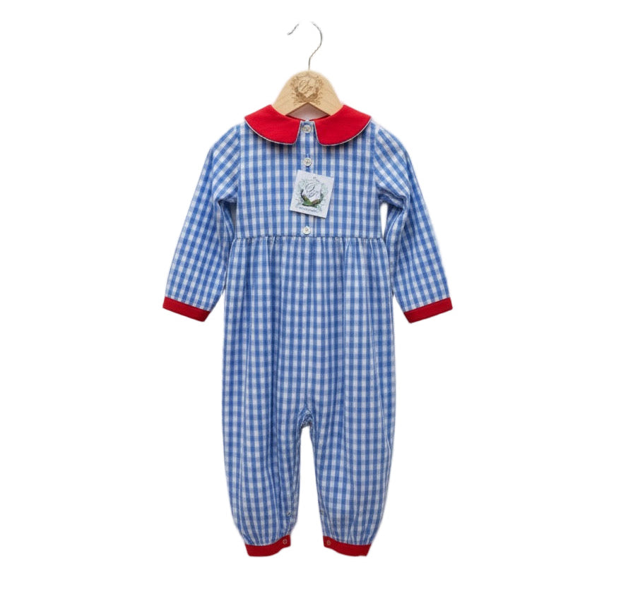 Back view of boys blue gingham romper showing rear button closure, red collar, and inner leg snaps.