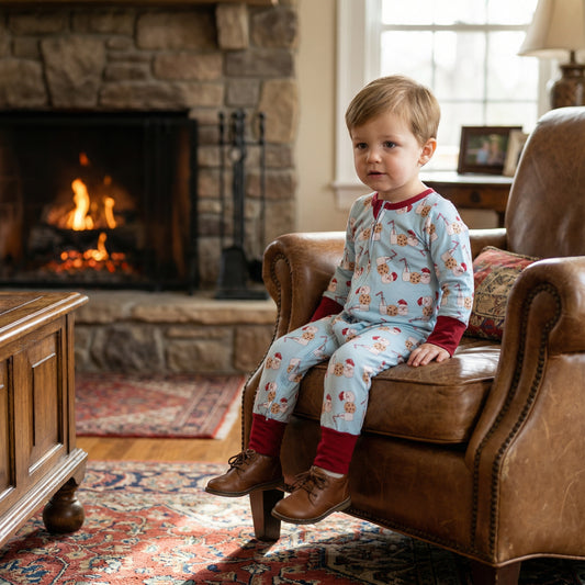 Toddler boy sitting in chair by fireplace wearing blue zippy pajamas with Santa milk and cookies print.
