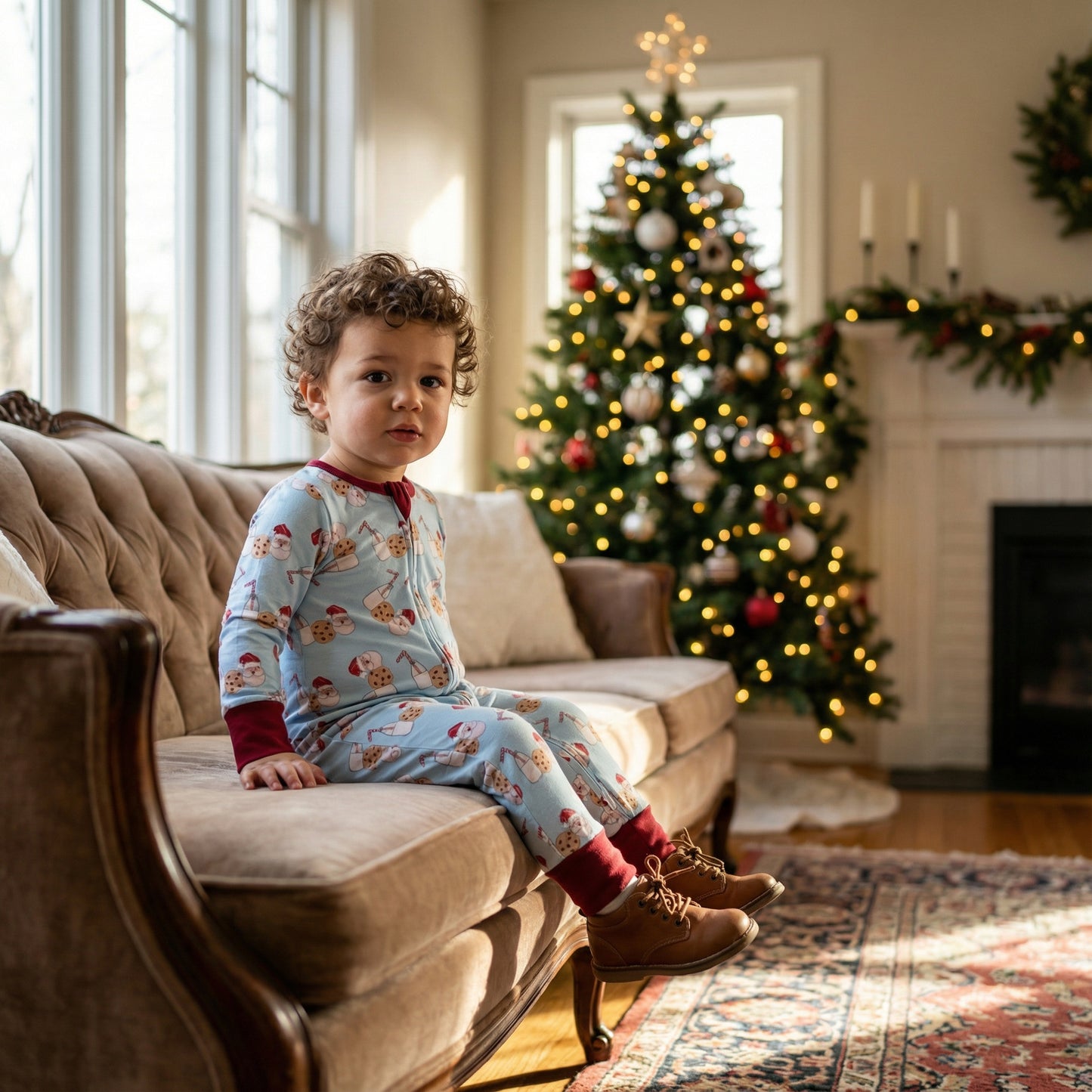 Toddler boy sitting on sofa wearing blue Santa milk and cookies zippy pajamas next to a Christmas tree.