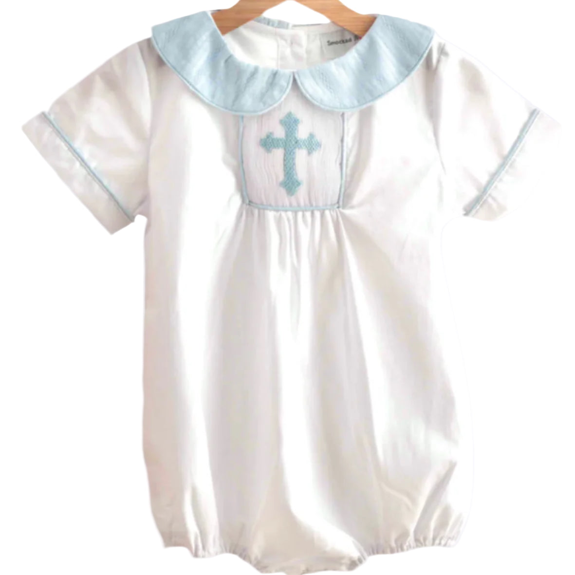Boys white hand smocked bubble romper with light blue cross embroidery and collar, perfect for baptism or christening.