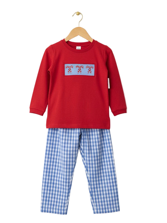 Boys Hand Smocked Christmas Candy Cane Pants Set featuring a red shirt with candy cane smocking and blue gingham trousers.