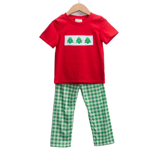 Embroidered Christmas Tree Trio Boys outfit with red t-shirt and green gingham pants.