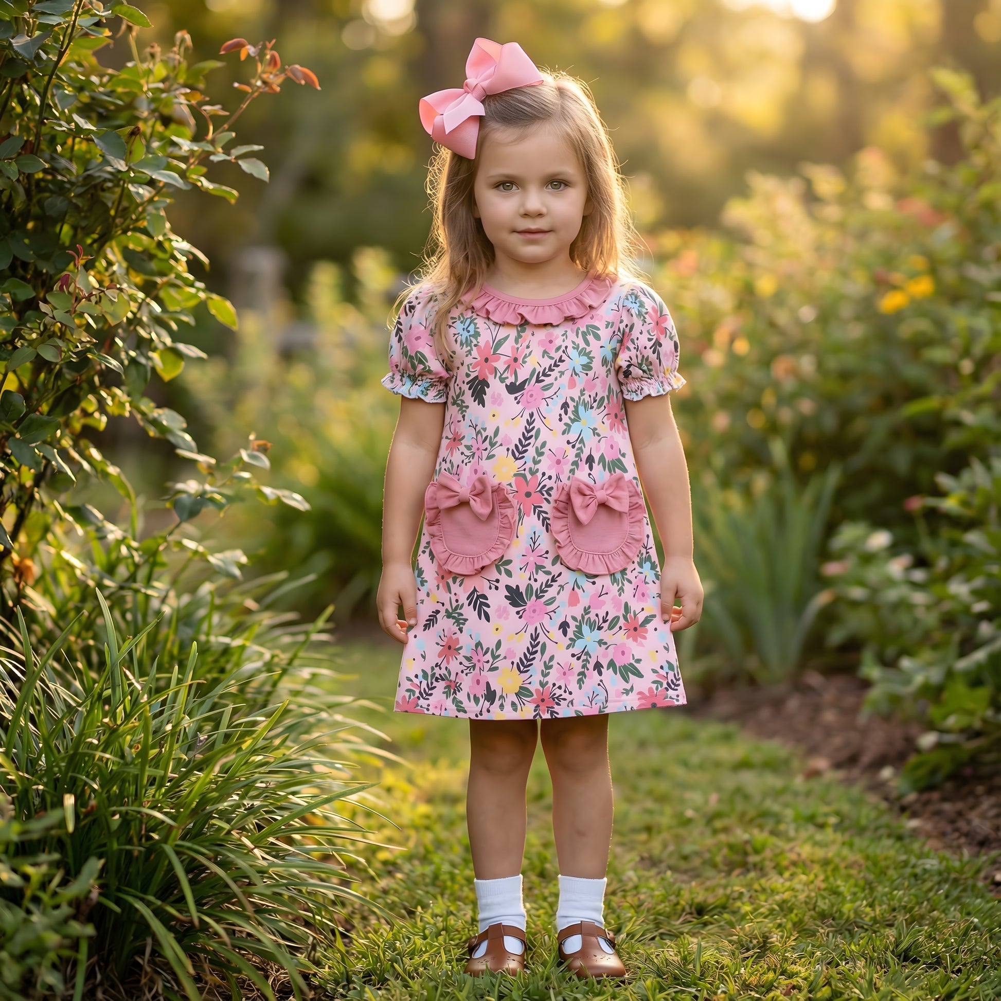 Young girl standing in a sunny garden wearing the pink floral Field Of Flowers Spring Pocket Dress featuring ruffle details and front pockets with bows.