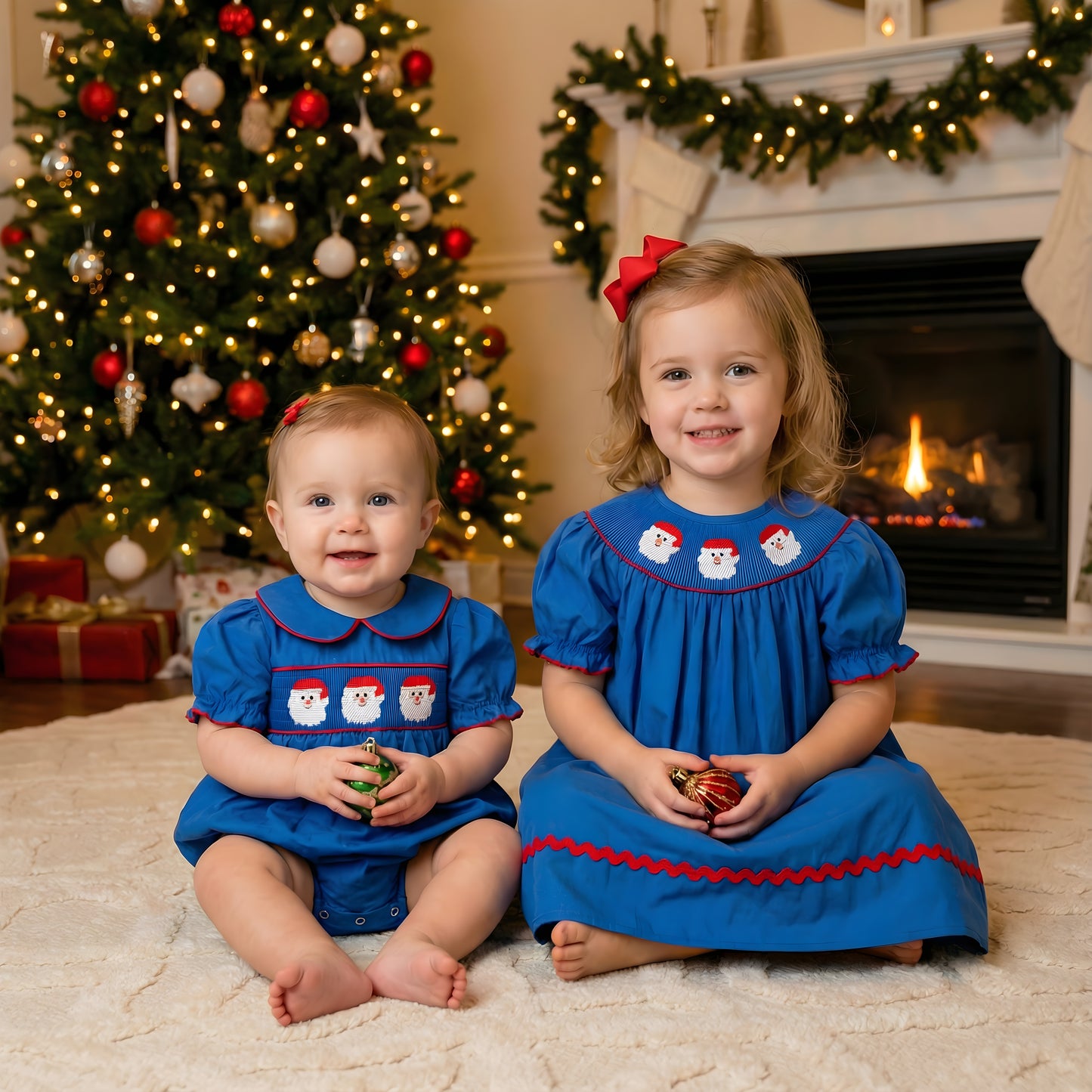 Girls Navy Blue Santa Smocked Christmas Dress With Puff Sleeves