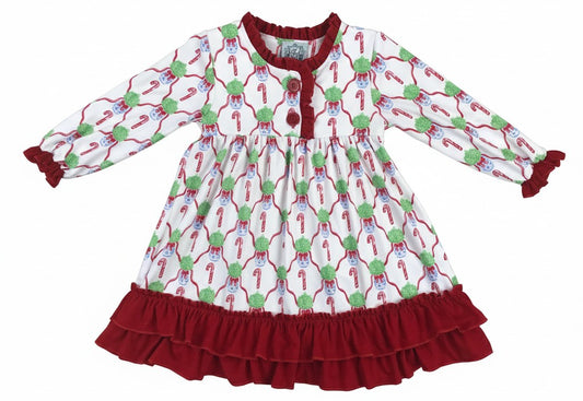 Classic holiday girls Christmas white candy cane nightgown featuring red ruffled collar and multi-tiered ruffle hem.