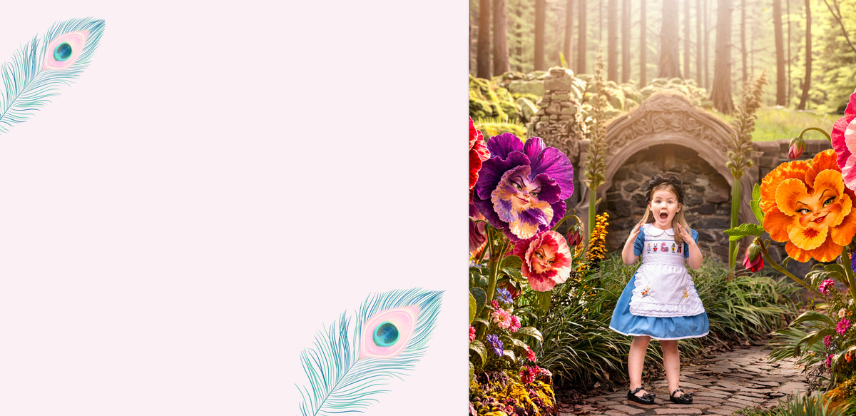 A split image with a light pink left side featuring two teal peacock feather illustrations, and a right side showing a young girl in a white and blue dress standing in a magical garden with oversized flowers and a stone bridge.