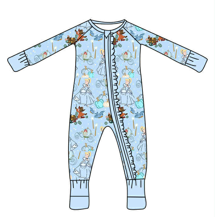 Light blue Cinderella-themed bamboo baby ruffle footie pajamas featuring an all-over fairy-tale print of princesses, pumpkin carriages, and mice with a ruffled two-way zipper.
