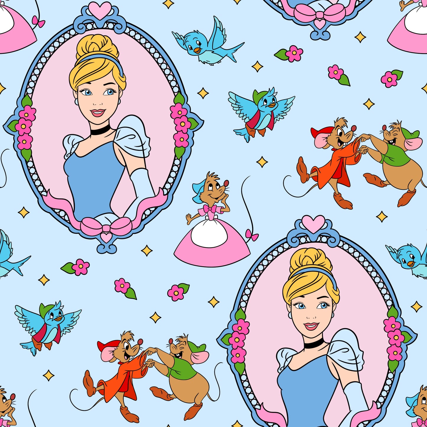 Fairytale princess, bluebirds, and mice seamless pattern on a light blue background