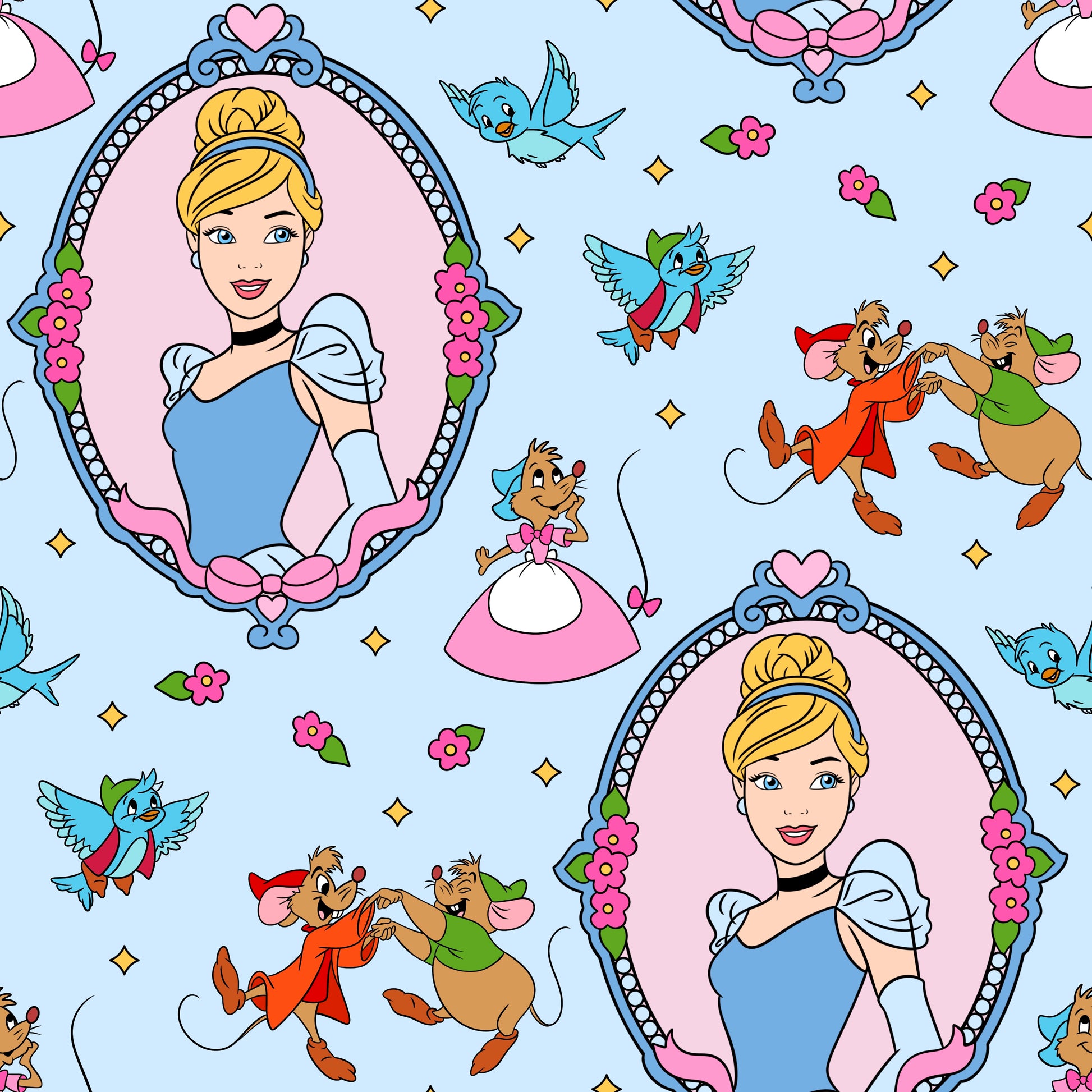 Fairytale princess, bluebirds, and mice seamless pattern on a light blue background