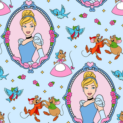 Fairytale princess, bluebirds, and mice seamless pattern on a light blue background
