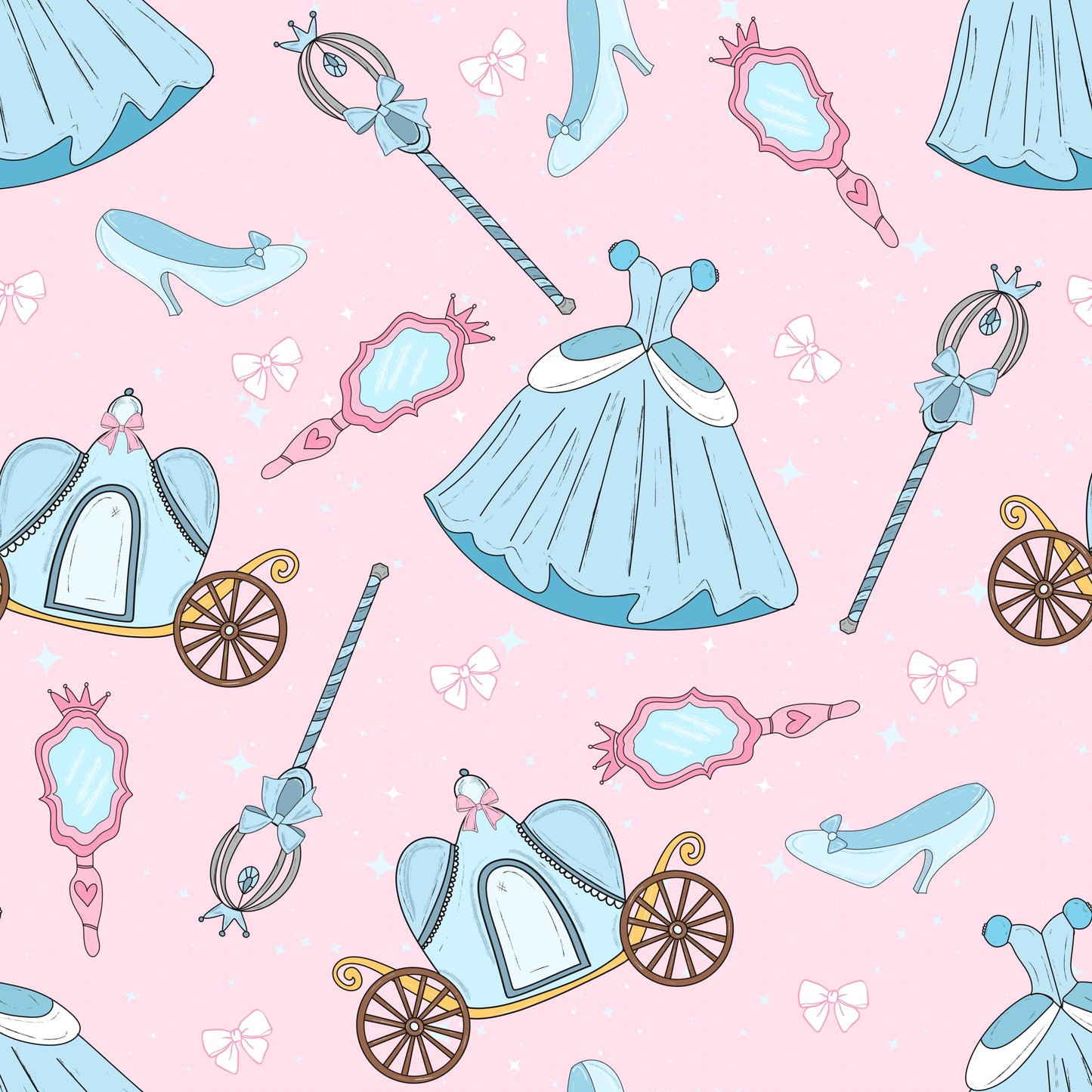Seamless fairytale pattern with blue princess dresses, pumpkin carriages, glass slippers, and wands on pink.