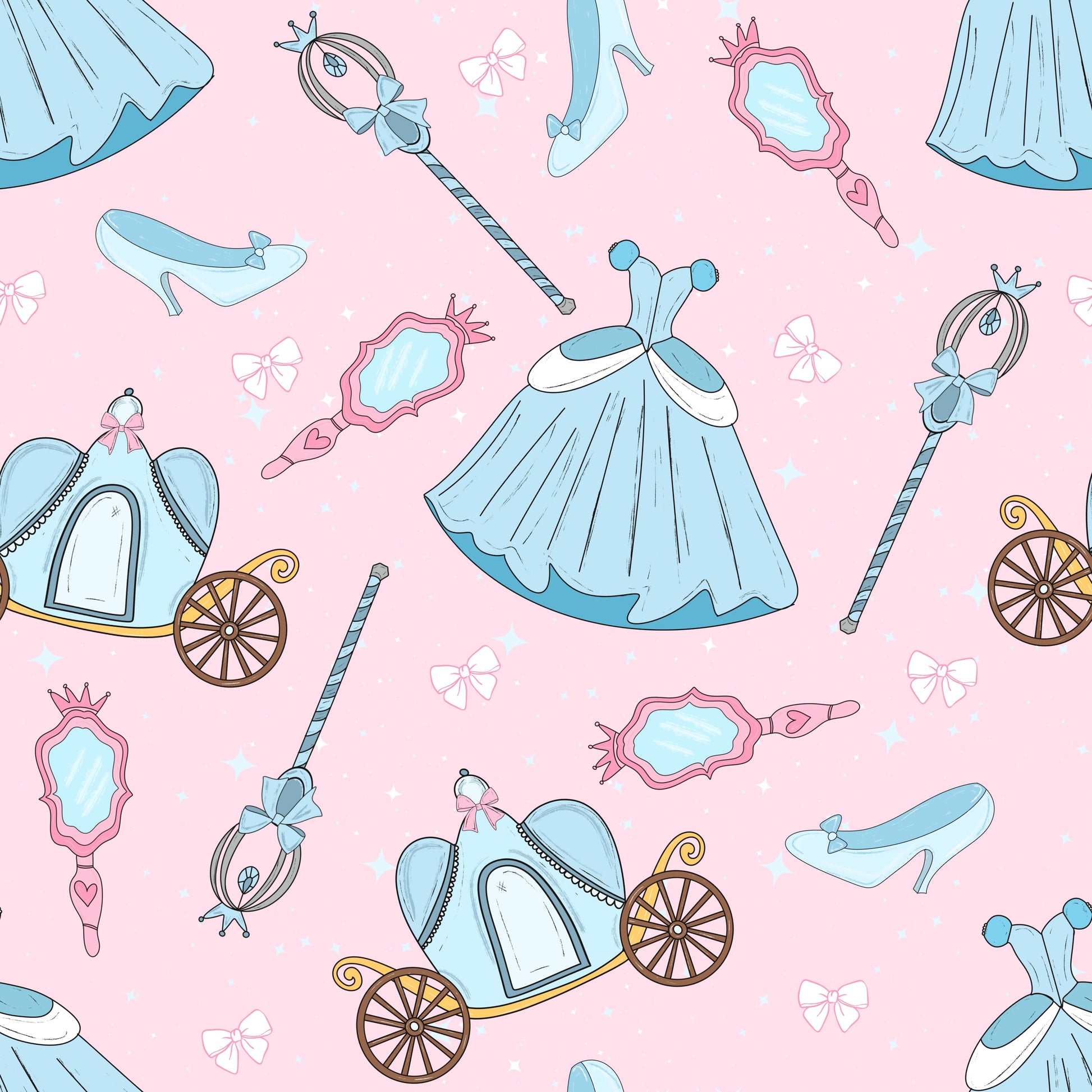 Seamless fairytale pattern with blue princess dresses, pumpkin carriages, glass slippers, and wands on pink.